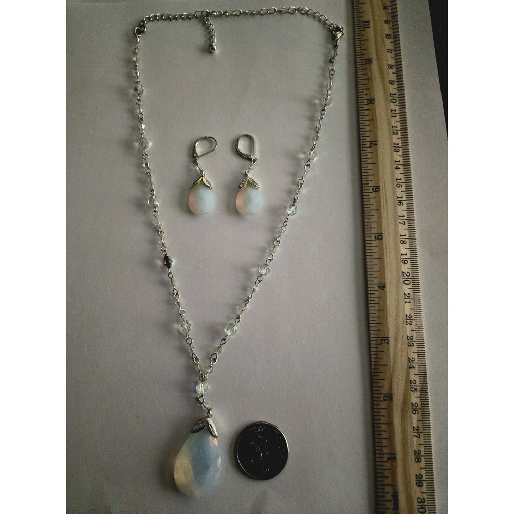 Vintage 90s Avon Necklace Set Opalite Glass Teardrop Earrings Silver AB Beads